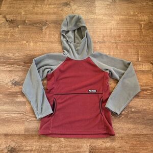 Burgundy and grey Melanzana fleece hoodie jacket with front pockets